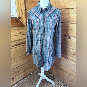 Love Notes Plaid Tunic Shirt Dress Cotton Roll Tab Sleeve Size M Pockets